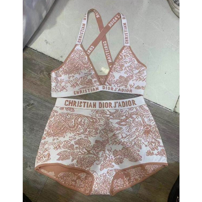 Christian Dior J'Adior Two-Piece Crisscross Swimsuit Women Toile De Jouy Lycra Brown