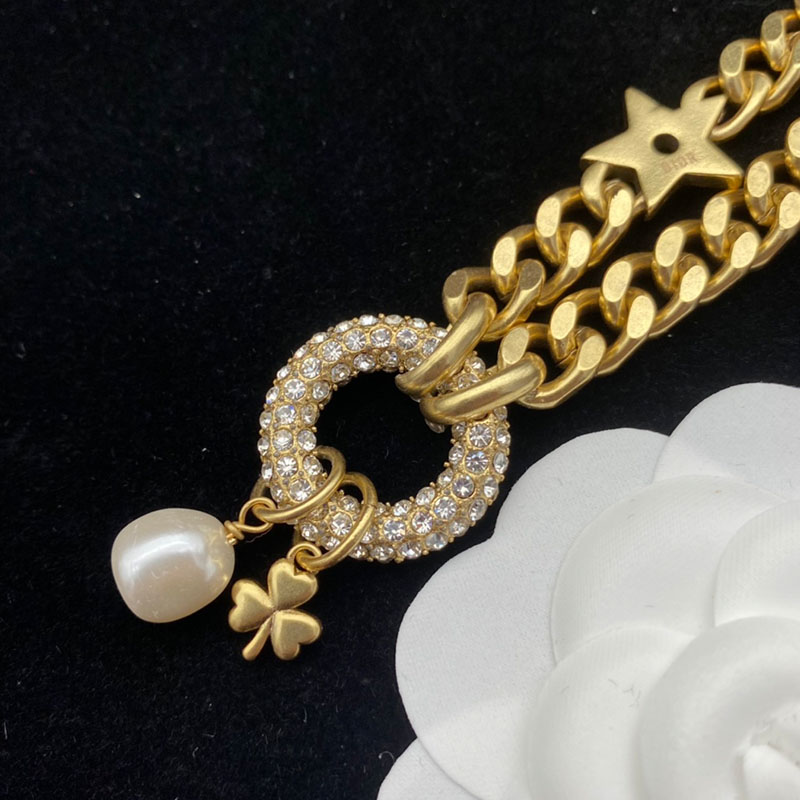 Dior 30 Montaigne Bracelet Metal/ White Crystals With A White Resin Pearl Gold