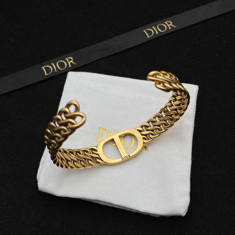 Dior 30 Montaigne Cuff Bracelet Antique Metal and White Crystals Gold