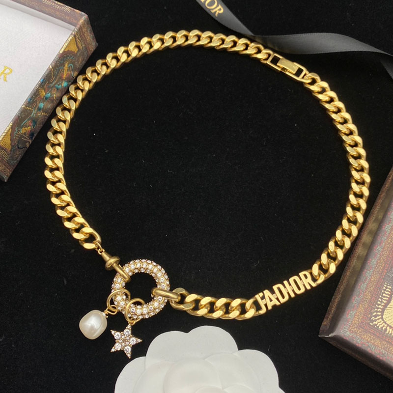 Dior 30 Montaigne Necklace Metal/ White Resin Pearl And White Crystals Gold