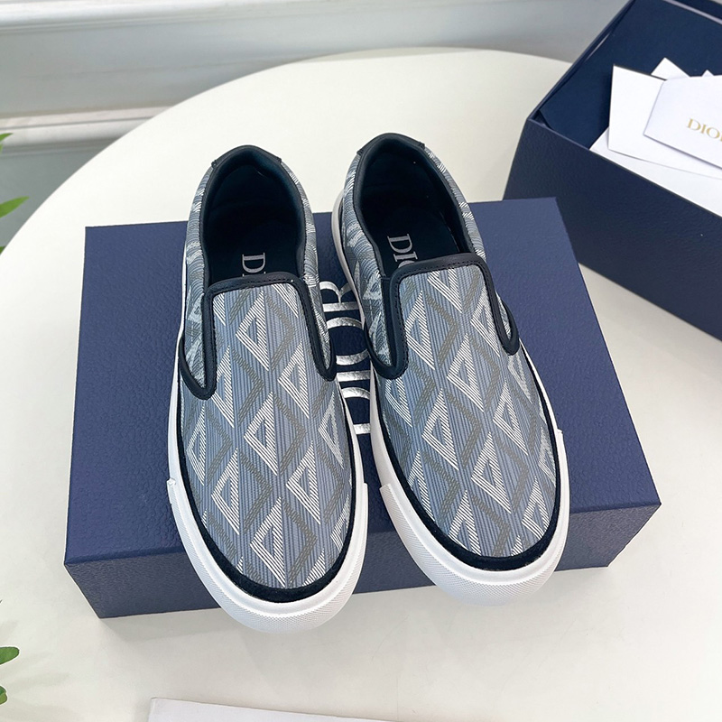 Dior B101 Slip-on Sneakers Unisex CD Diamond Motif Canvas and Smooth Calfskin Grey/Navy Blue