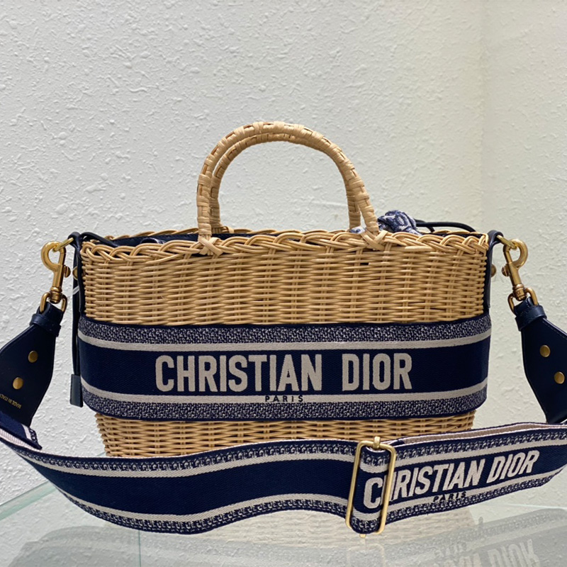 Dior Basket Bag Wicker and Oblique Motif Canvas Blue