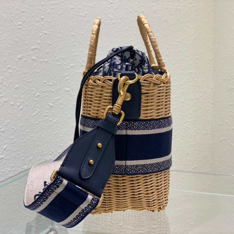 Dior Basket Bag Wicker and Oblique Motif Canvas Blue