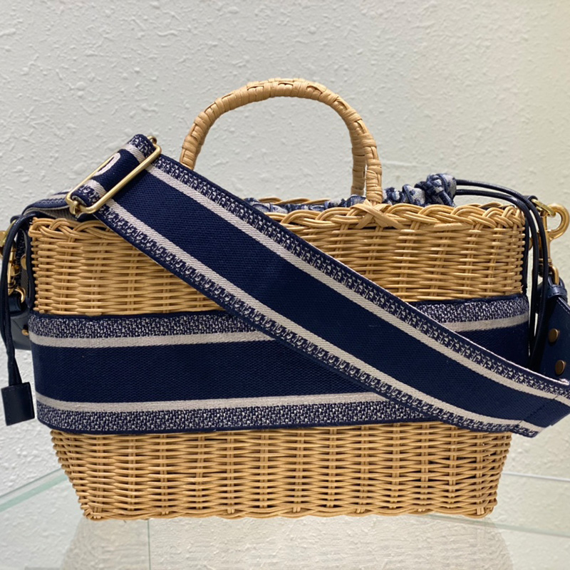 Dior Basket Bag Wicker and Oblique Motif Canvas Blue