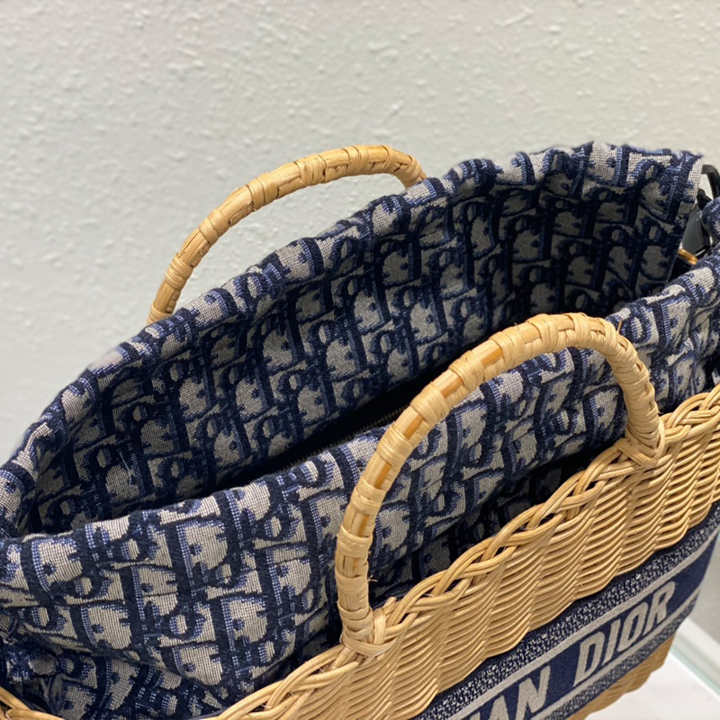 Dior Basket Bag Wicker and Oblique Motif Canvas Blue