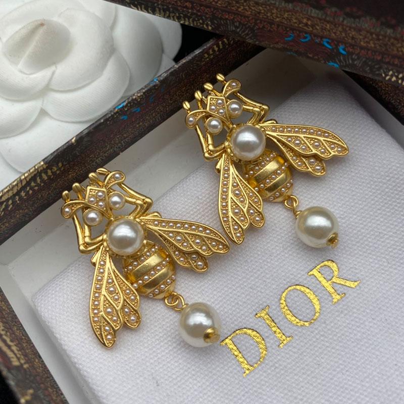 Dior Bee Earrings In Metal and White Resin Pearls Gold