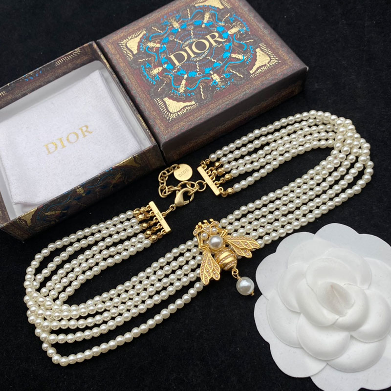 Dior Bee Necklace In Metal and White Resin Pearls Gold