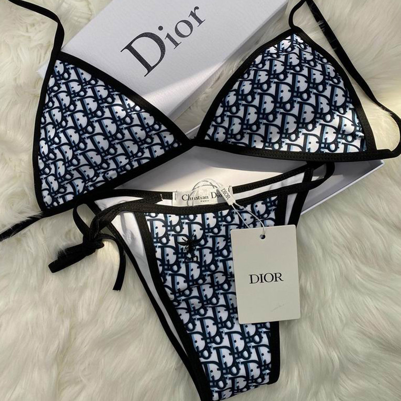 Dior Bikini Women Oblique Jacquard with Bee CD Embroidery Lycra Blue