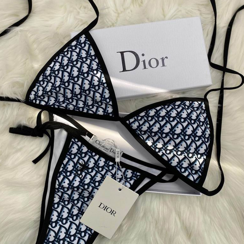 Dior Bikini Women Oblique Jacquard with Bee CD Embroidery Lycra Blue