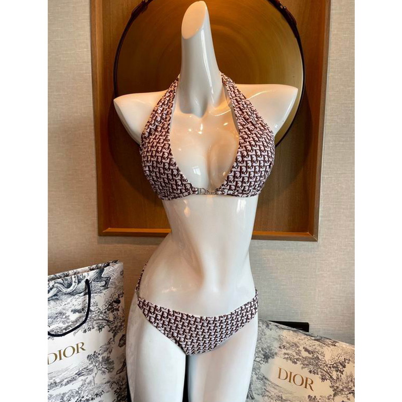 Dior Bikini Women Oblique Jacquard with Logo Crystals Nylon Coffee