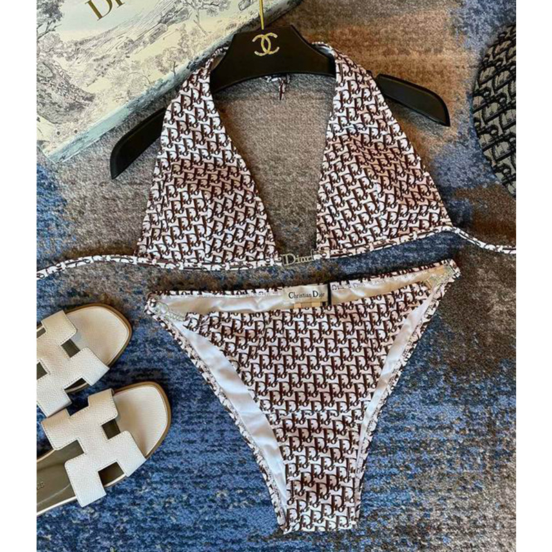 Dior Bikini Women Oblique Jacquard with Logo Crystals Nylon Coffee