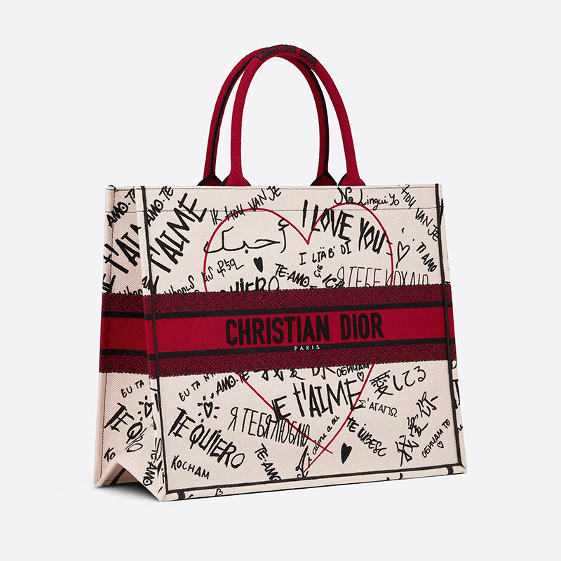 Dior Book Tote Dioramour Graffiti Motif Canvas White