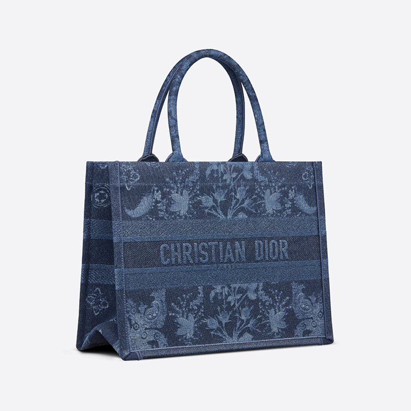 Dior Book Tote Flowers Motif Denim Blue