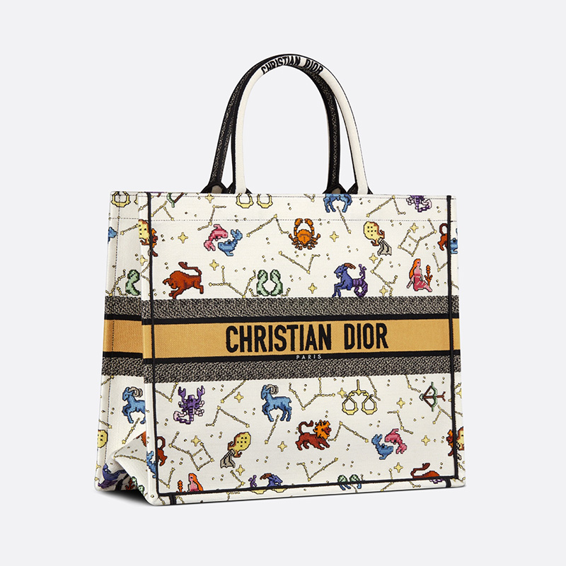 Dior Book Tote Pixel Zodiac Motif Canvas White