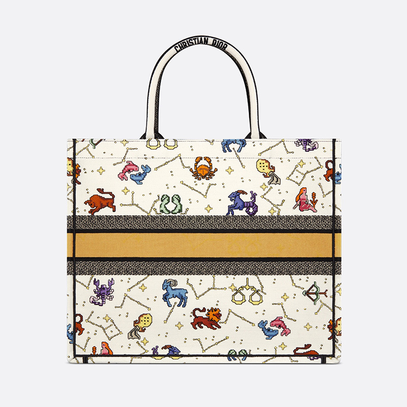 Dior Book Tote Pixel Zodiac Motif Canvas White