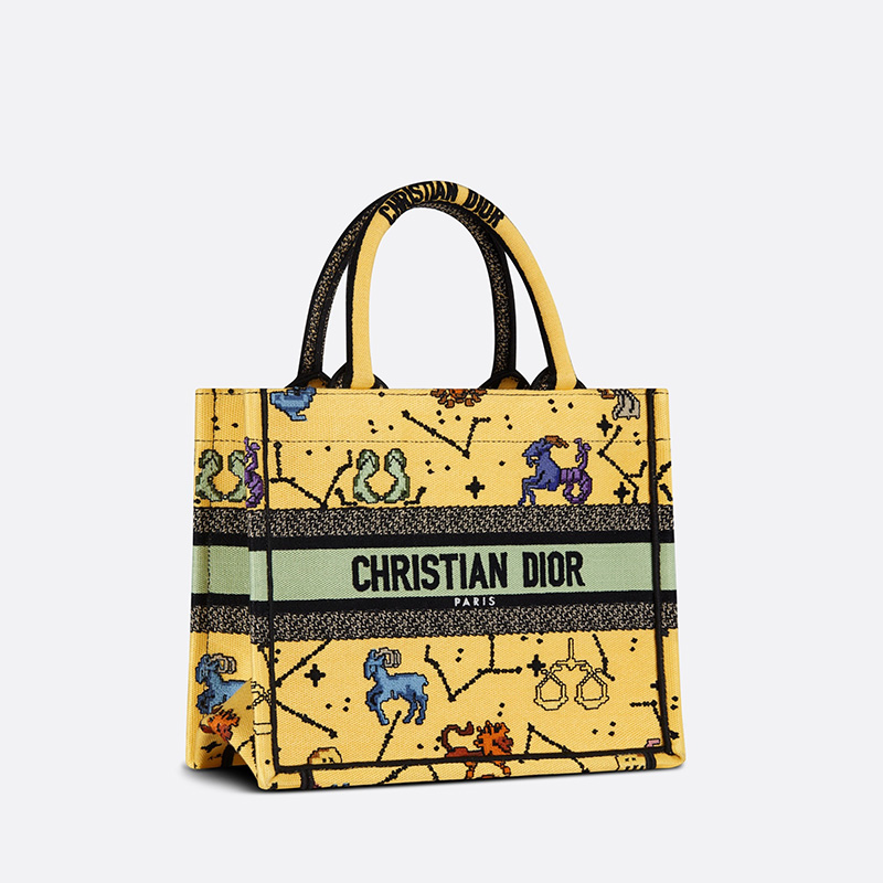 Dior Book Tote Pixel Zodiac Motif Canvas Yellow