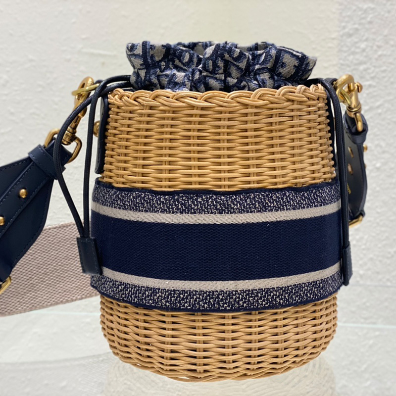 Dior Bucket Bag Wicker and Oblique Motif Canvas Blue