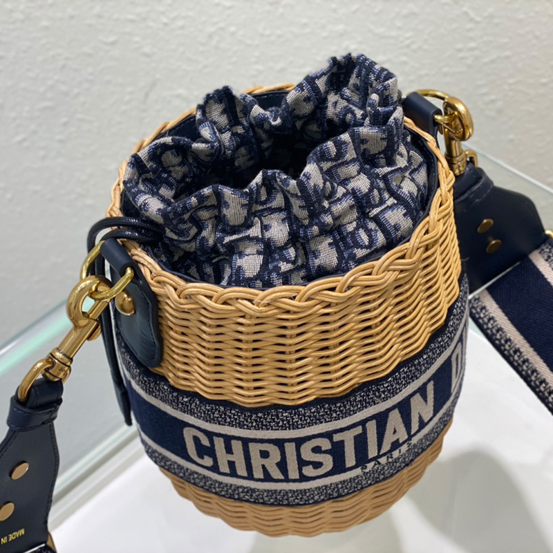 Dior Bucket Bag Wicker and Oblique Motif Canvas Blue