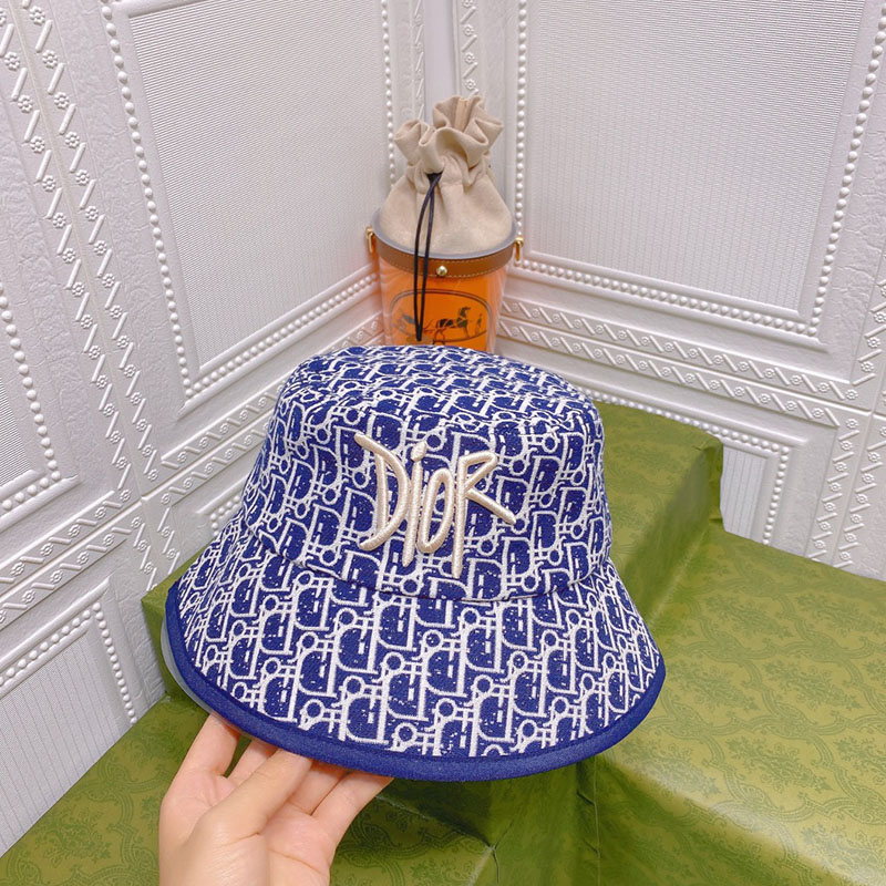Dior Bucket Hat Shawn Logo D-Oblique Cotton Blue