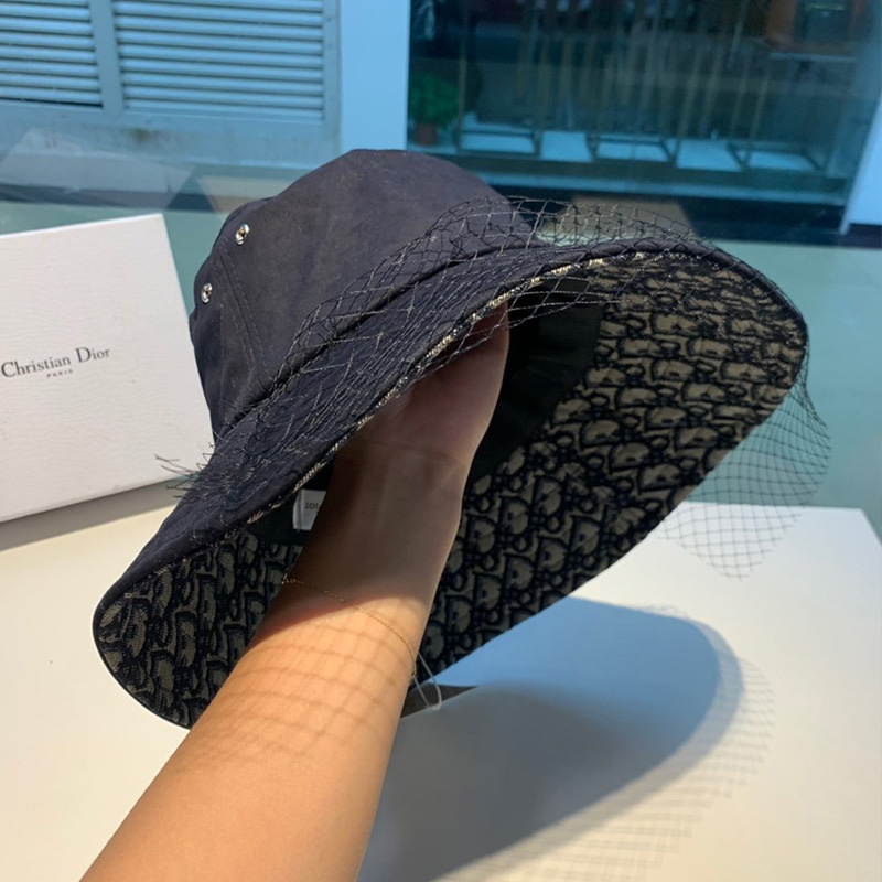 Dior Bucket Hat Teddy Oblique Cotton With Veil Navy Blue