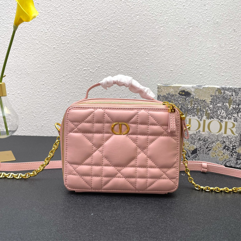 Dior Caro Box Bag with Chain Cannage Calfskin Pink