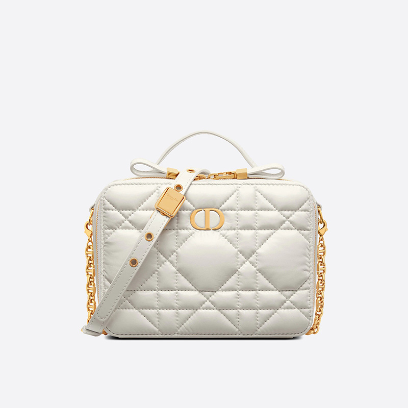 Dior Caro Box Bag with Chain Cannage Calfskin White