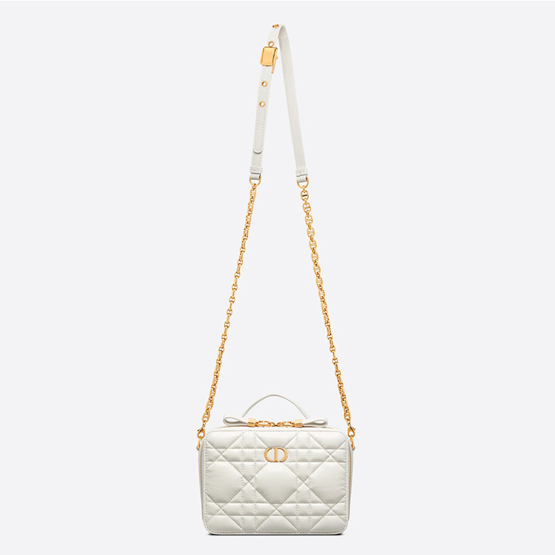 Dior Caro Box Bag with Chain Cannage Calfskin White