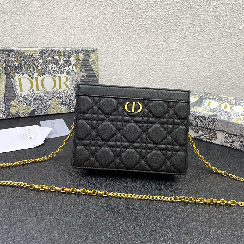 Dior Caro Zipped Pouch with Chain Cannage Calfskin Black
