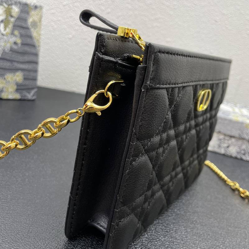 Dior Caro Zipped Pouch with Chain Cannage Calfskin Black