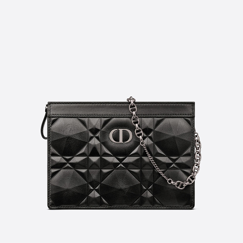 Dior Caro Zipped Pouch with Chain Cannage Calfskin with Diamond Motif Black