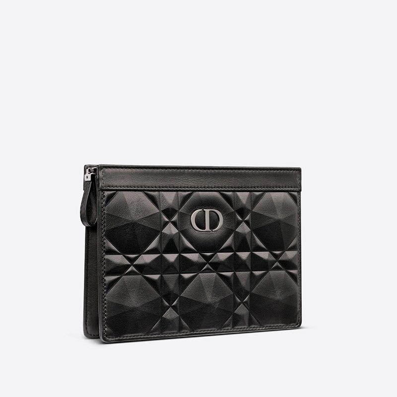 Dior Caro Zipped Pouch with Chain Cannage Calfskin with Diamond Motif Black