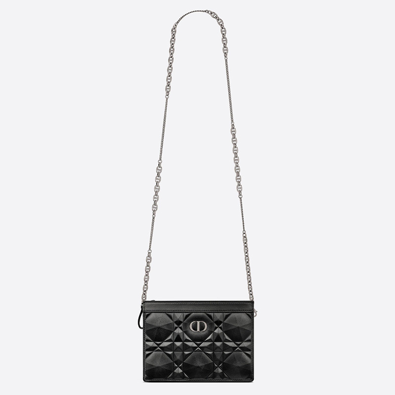 Dior Caro Zipped Pouch with Chain Cannage Calfskin with Diamond Motif Black