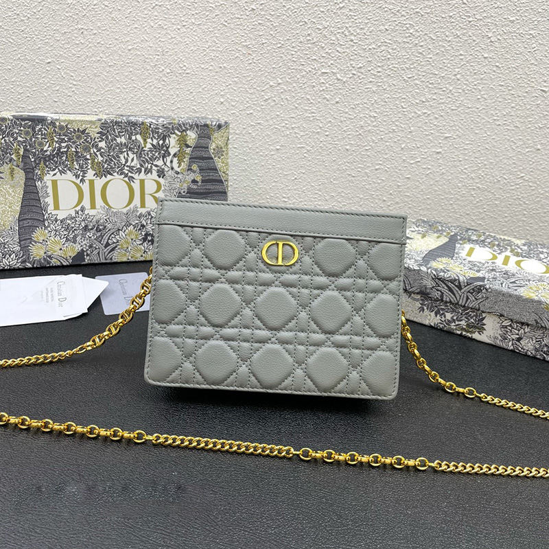 Dior Caro Zipped Pouch with Chain Cannage Calfskin Grey