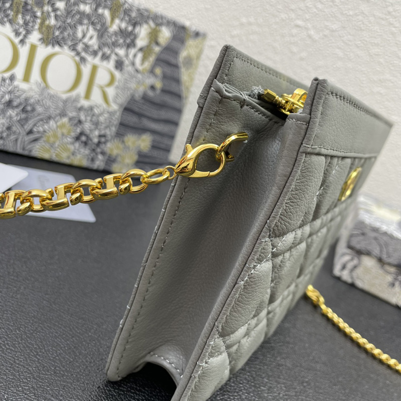 Dior Caro Zipped Pouch with Chain Cannage Calfskin Grey