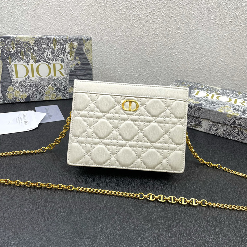Dior Caro Zipped Pouch with Chain Cannage Calfskin White