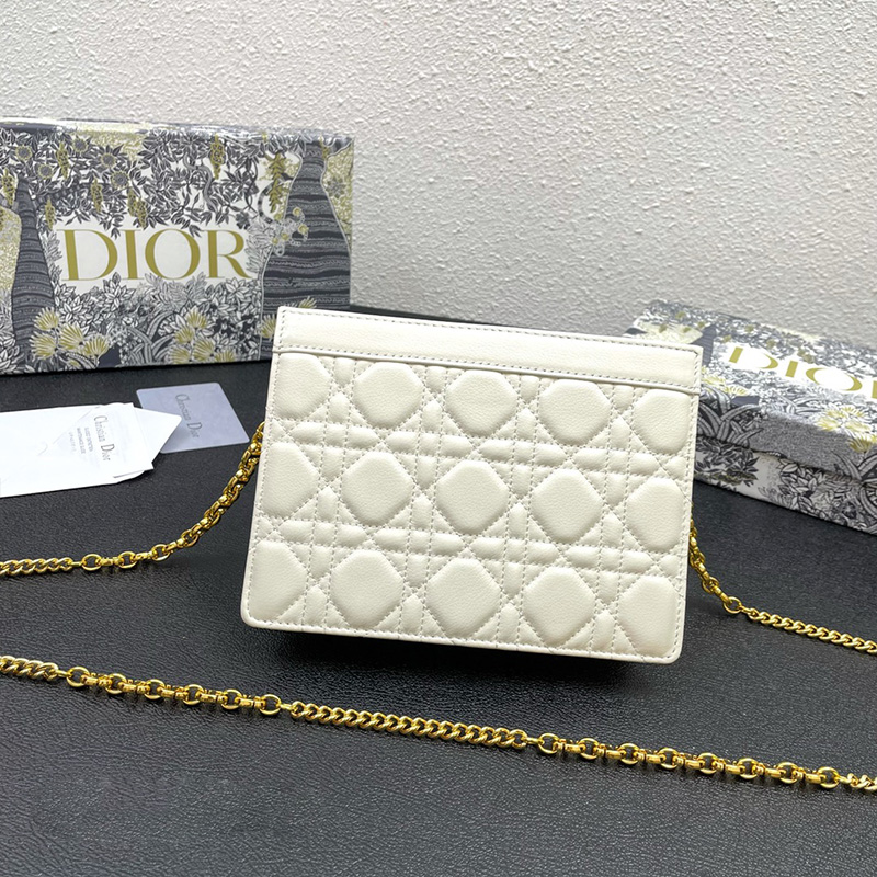 Dior Caro Zipped Pouch with Chain Cannage Calfskin White