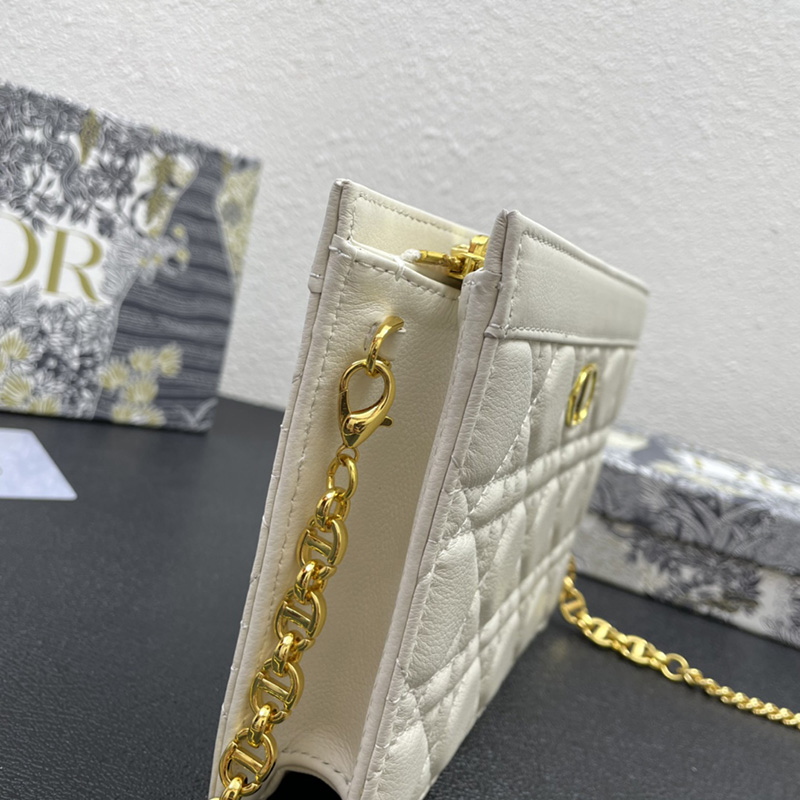 Dior Caro Zipped Pouch with Chain Cannage Calfskin White