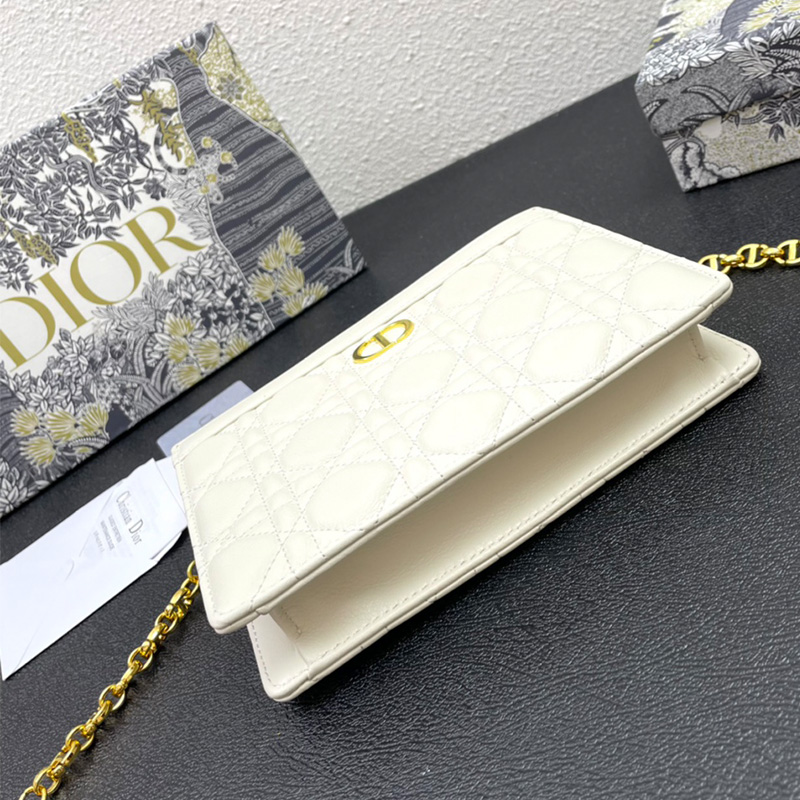 Dior Caro Zipped Pouch with Chain Cannage Calfskin White