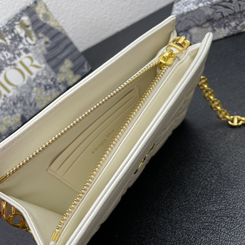 Dior Caro Zipped Pouch with Chain Cannage Calfskin White