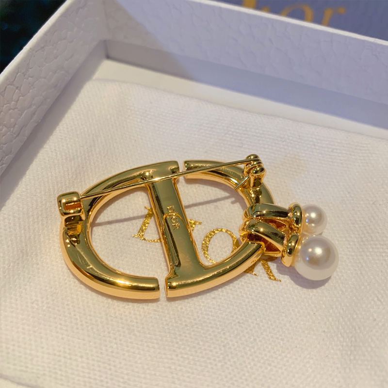 Dior CD Navy Brooch Metal and White Resin Pearls Gold