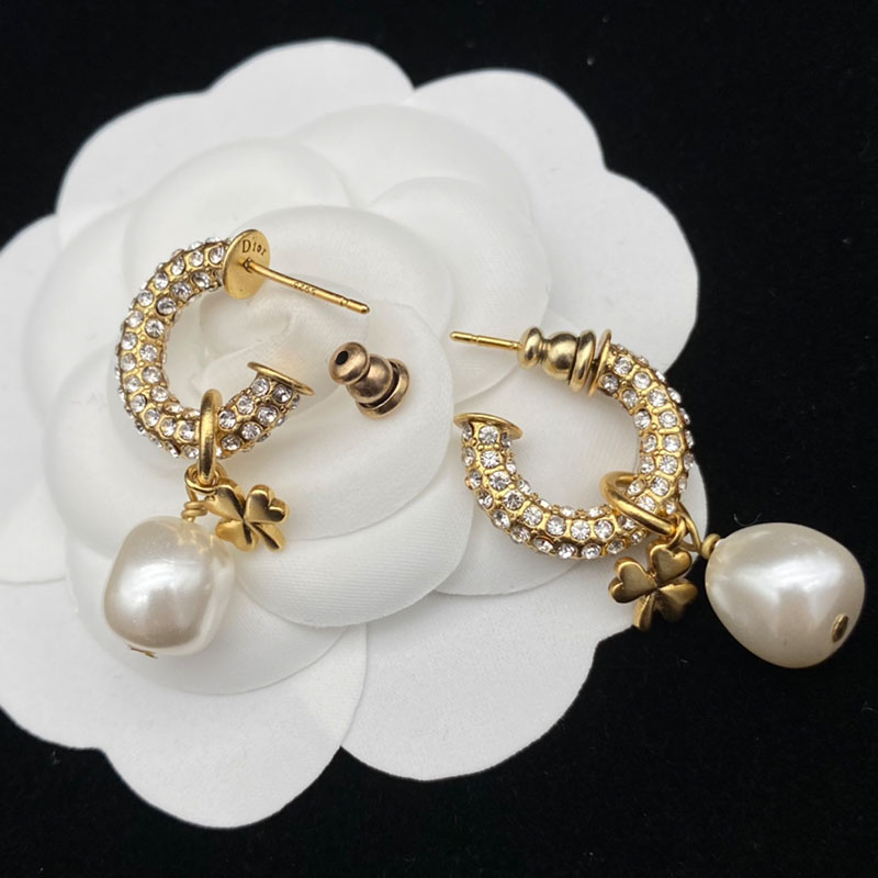 Dior Clair D Lune Earrings Metal/ White Crystals and White Resin Pearl Gold