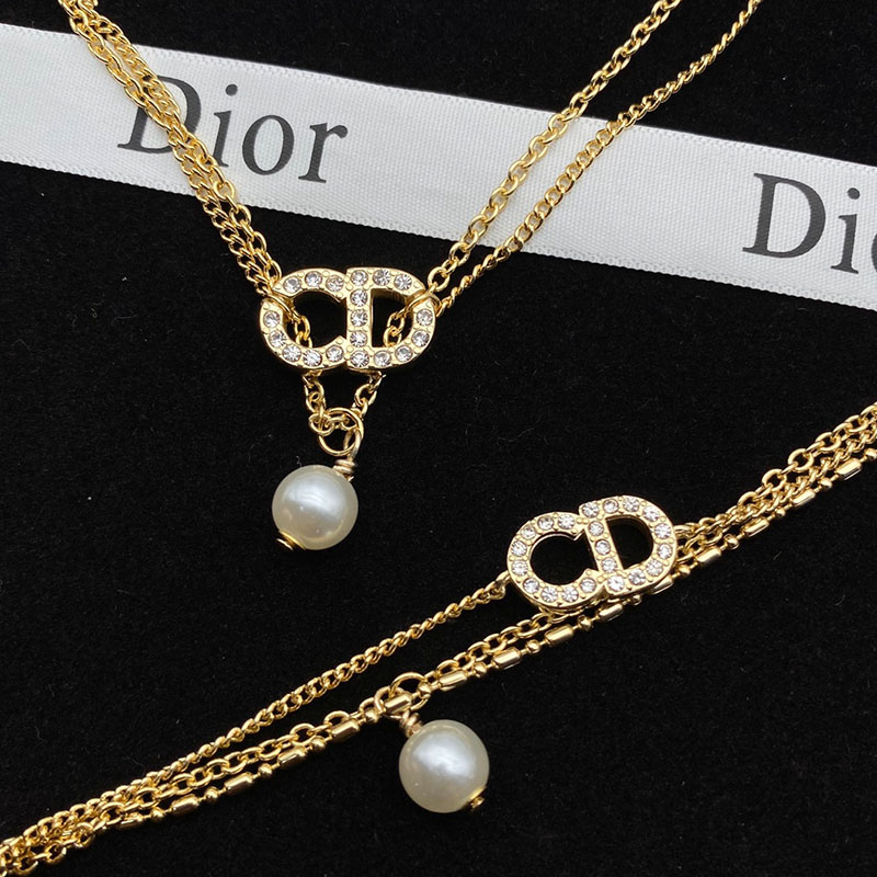 Dior Clair D Lune Necklace Metal And White Crystals With A White Resin Pearl Gold