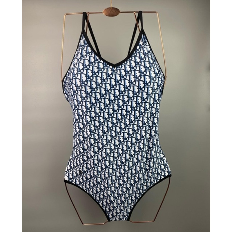 Dior Crisscross Swimsuit Women Oblique with Bee CD Embroidery Technical Fabric Blue