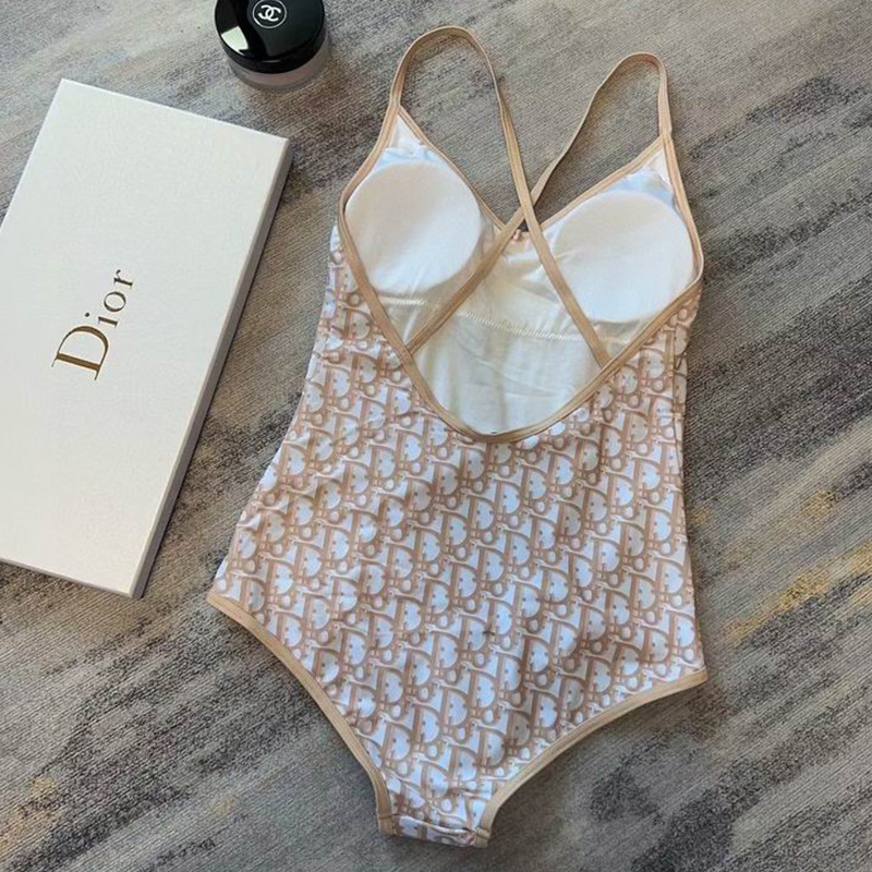 Dior Crisscross Swimsuit Women Oblique with Bee CD Embroidery Technical Fabric Khaki