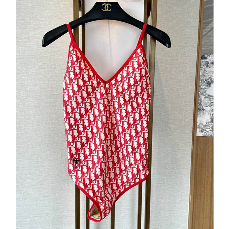 Dior Crisscross Swimsuit Women Oblique with Bee CD Embroidery Technical Fabric Red