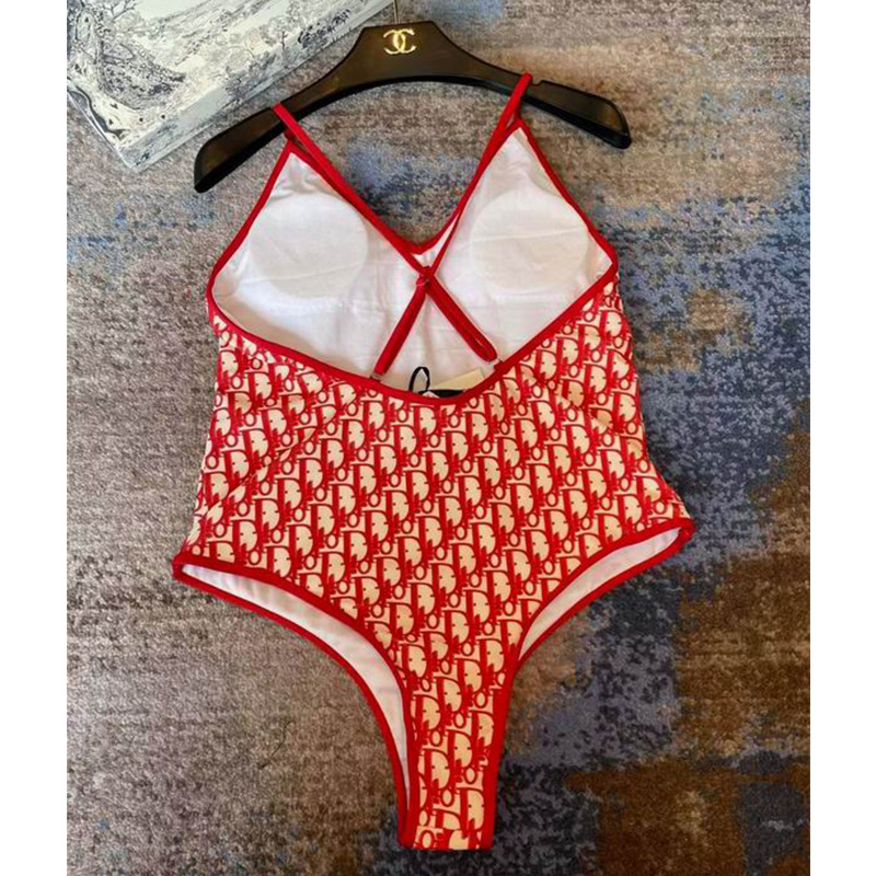 Dior Crisscross Swimsuit Women Oblique with Bee CD Embroidery Technical Fabric Red