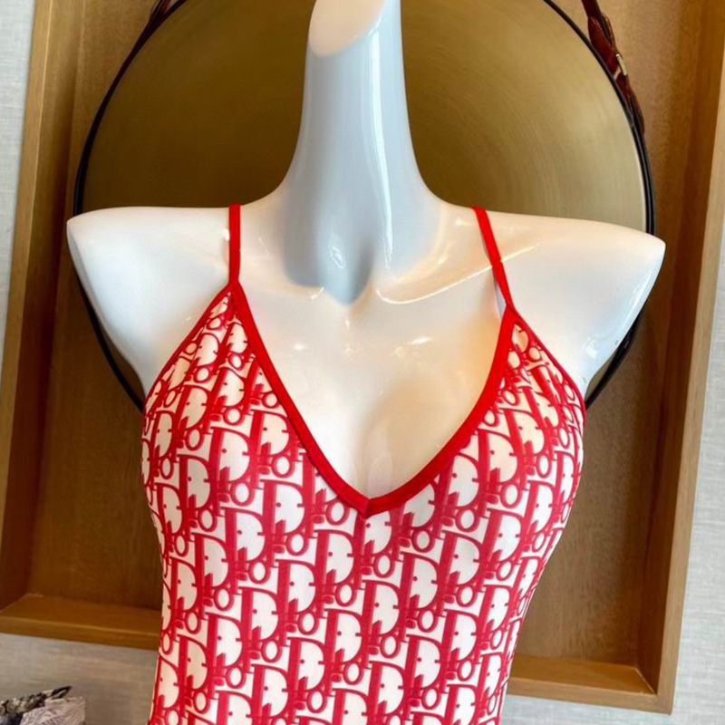 Dior Crisscross Swimsuit Women Oblique with Bee CD Embroidery Technical Fabric Red