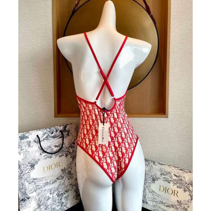 Dior Crisscross Swimsuit Women Oblique with Bee CD Embroidery Technical Fabric Red