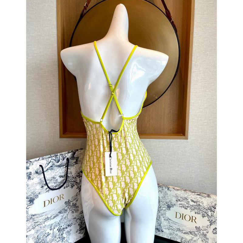 Dior Crisscross Swimsuit Women Oblique with Bee CD Print Nylon Green