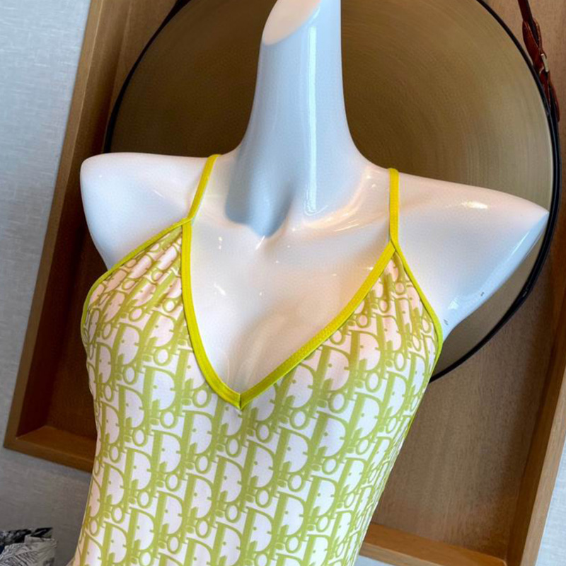 Dior Crisscross Swimsuit Women Oblique with Bee CD Print Nylon Green